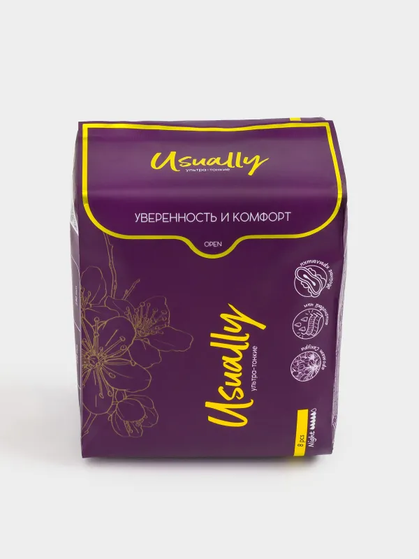 Прокладки гигиенические, 29 см, 8 шт, с двойными крылышками, ароматизированные, Night, Usually, image-1