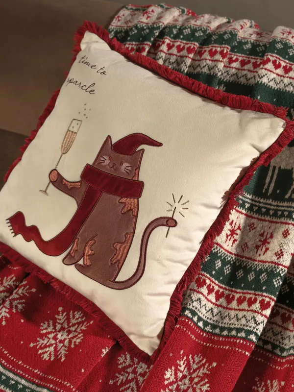 Подушка декоративная, 45х45 см, с бахромой, вельвет, молочная, Кот, Christmas cat, image-3