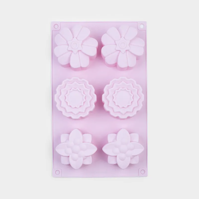 Форма для выпечки кексов, 27х16 см, 6 отд, силикон, розовая, Цветы, Bakery color