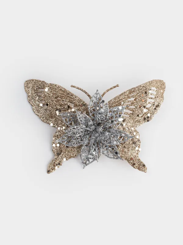 Украшение декоративное, 16 см, на клипсе, пластик, шампань, Бабочка с цветком, Flower decor, image-0