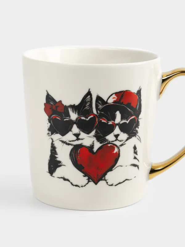 Кружка, 500 мл, фарфор N, бело-золотистая, Коты и сердце, Cat amour, image-1