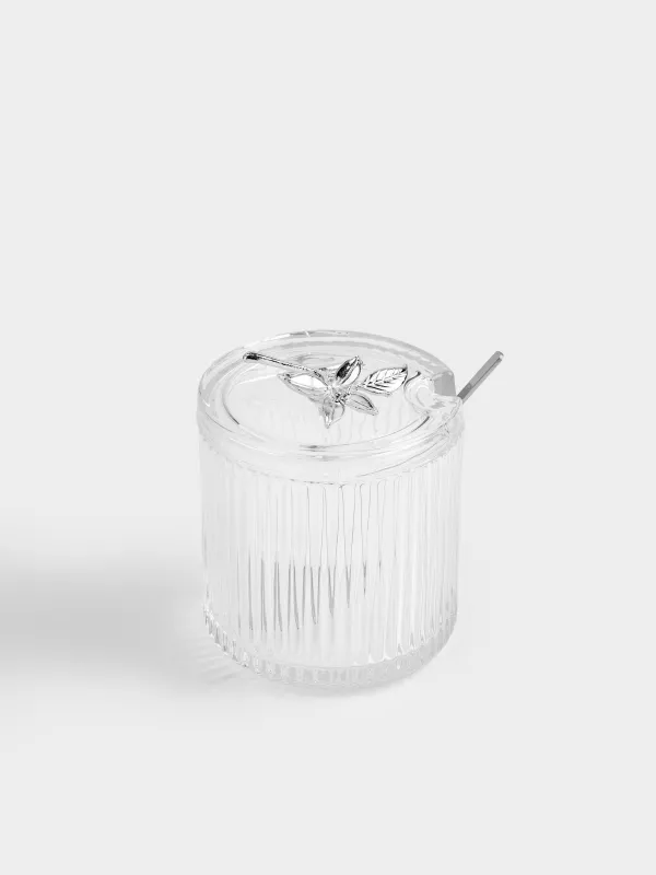 Сахарница, 9,5х12 см, 400 мл, с ложкой, стекло/металл, Серебристые цветы, Ribby silver, image-1