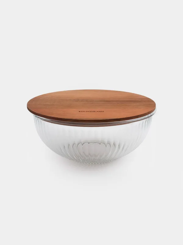 Миска, 2 л, с крышкой, стекло Т/дерево, Ravi wood, image-1