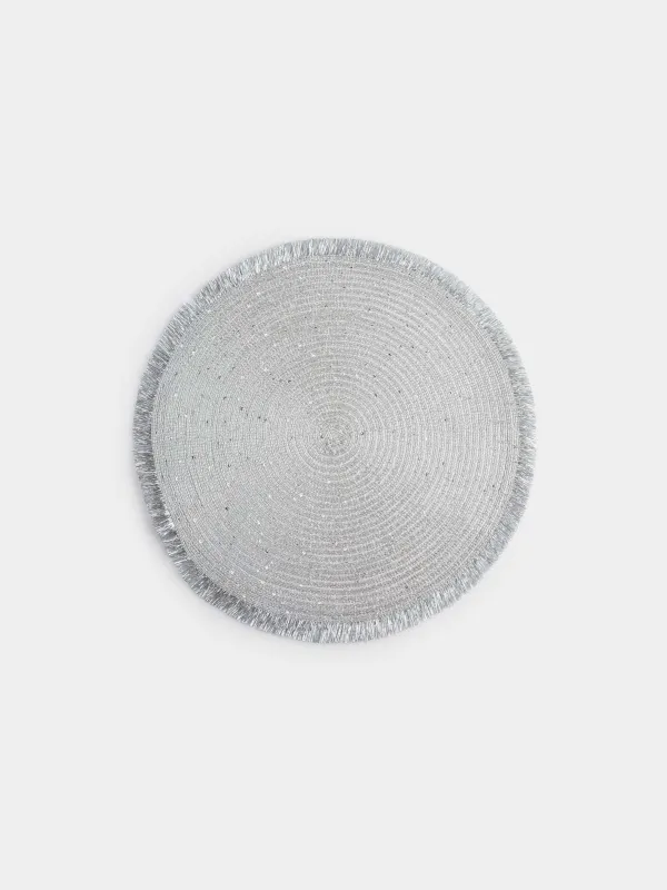 Салфетка под приборы, 38 см, с бахромой и пайетками, полиэстер, круглая, серебристая, Rotary shine, image-0