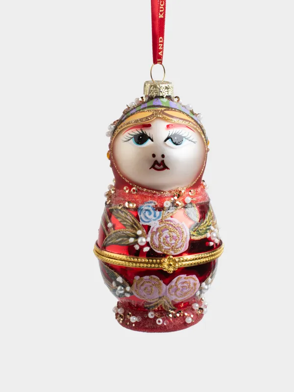 Игрушка елочная, 11 см, стекло, с блестками, красная, Матрешка, Figure christmas, image-0