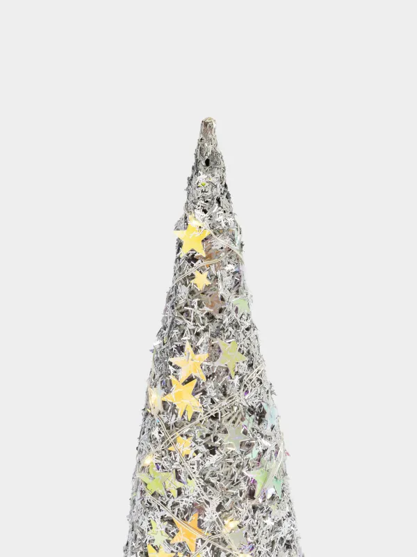 Ель-конус, 20 см, с подсветкой, полиэстер/металл, серебристая, Звезды, Frosty sparks, image-2