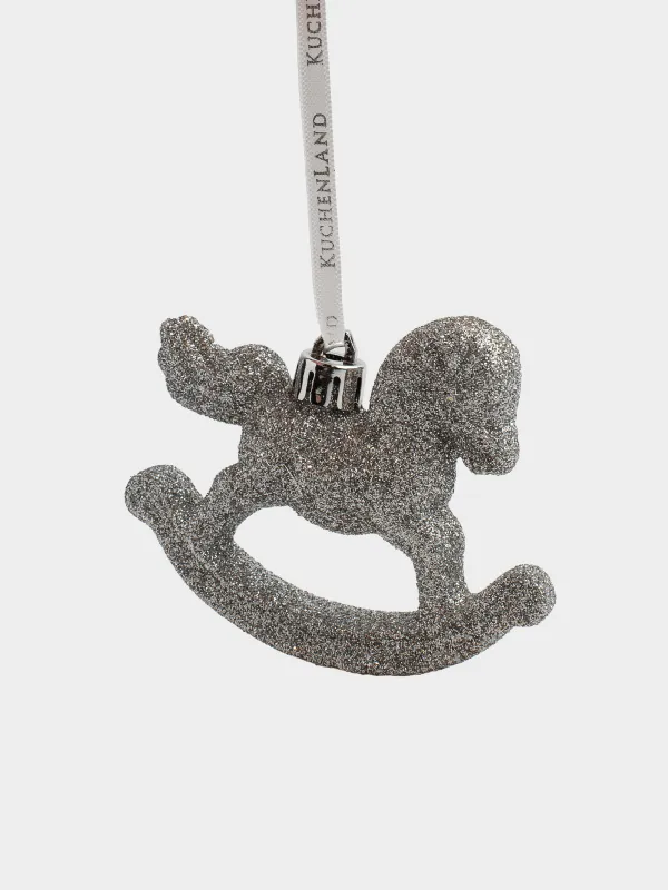 Игрушка елочная, 8х7 см, пластик, с блестками, серебристая, Лошадка-качалка, Figure sparkle, image-1