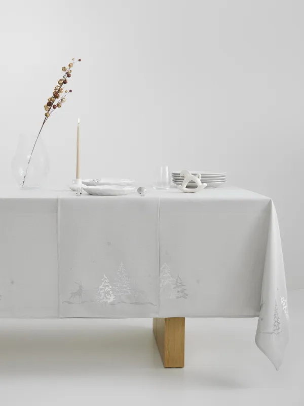 Дорожка настольная, 40х160 см, полиэстер, светло-серая, Олени и ели, Forest fawn, image-2