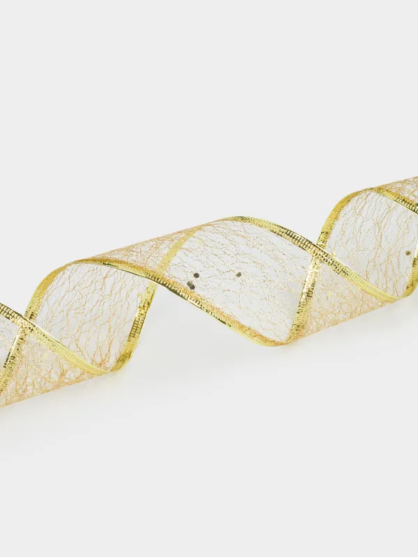 Лента декоративная, 5 м, гибкая, полиэстер, шампань, Паутинка с блестками, Ribbon christmas, image-3