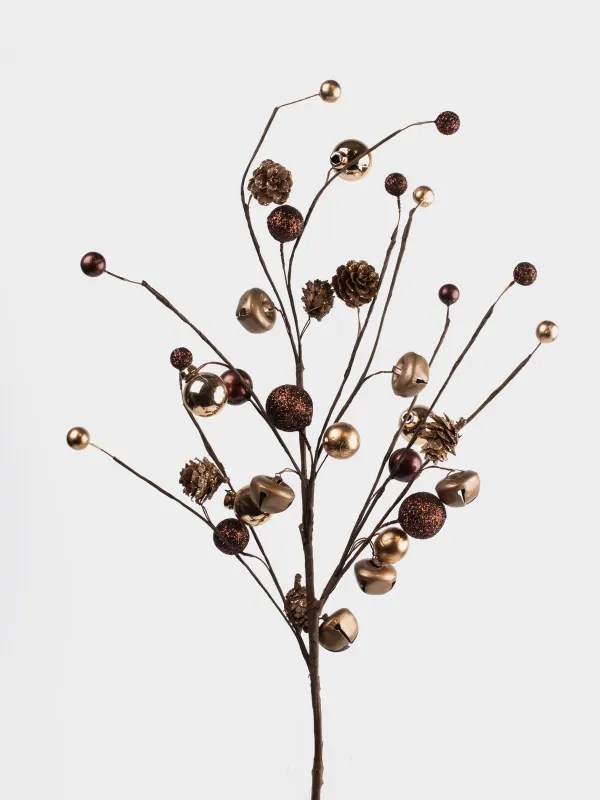 Ветка декоративная, 70 см, пенопласт/шишки, Бронзовые шары с шишками, Bronze decor, image-1
