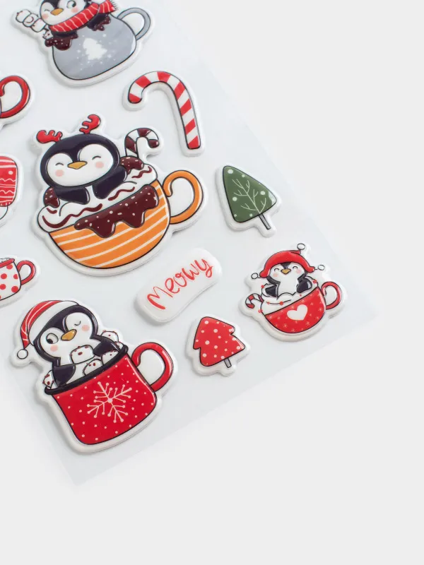 Набор наклеек, 10х16 см, многоразовые, ПВХ, Новогодний пингвин, Christmas decal, image-3