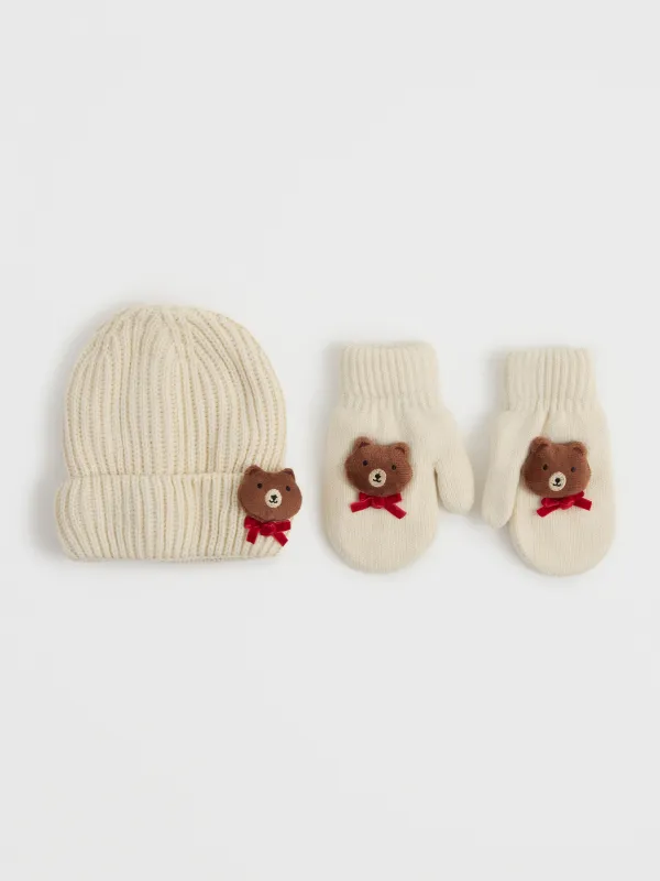 Варежки детские, единый размер, в рубчик, акрил/полиэстер, молочные, Мишка, Warm kids, image-4