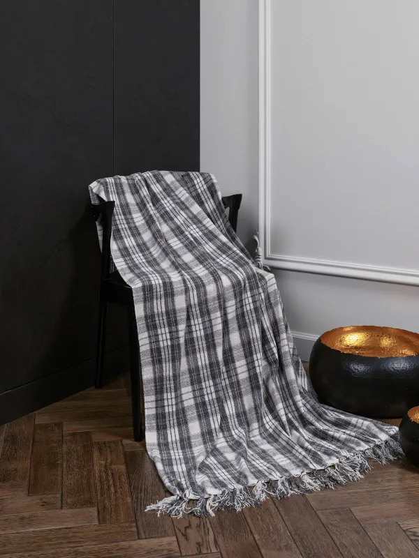 Плед, 130х170 см, с бахромой, шенилл, бело-серый, Клетка, Hazel, image-1