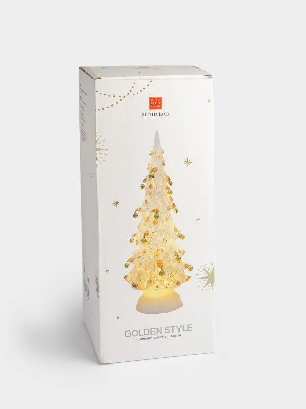 Статуэтка с подсветкой, 32 см, акрил, бело-золотистая, Ель с летающим снегом, Golden style, image-3