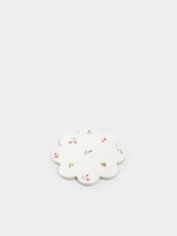 Подставка под кружку, 11 см, фигурная, керамика/пробка, белая, Нежные цветы, El floria, image-1