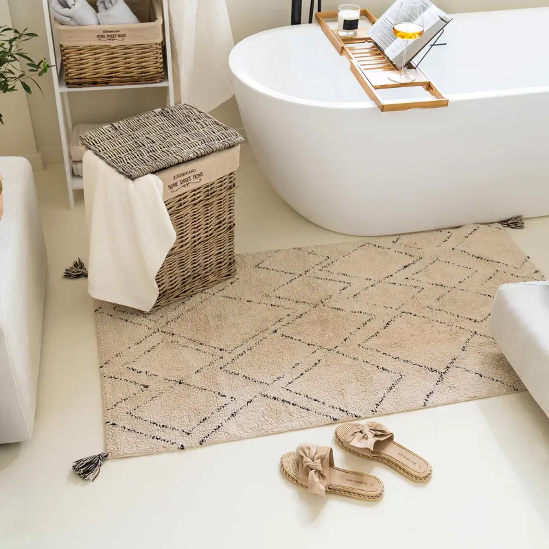 Коврик, 80x150 см, с кисточками, хлопок, экрю, Ромбы, Rhombic, image-1