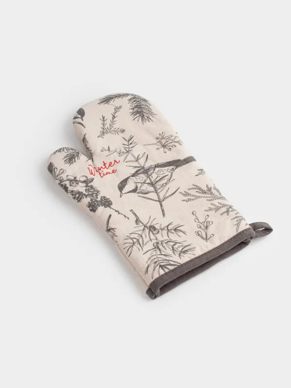 Прихватка-варежка, 18x30 см, хлопок, серо-бежевая, Снегири на ветках, Bullfinchs, image-5