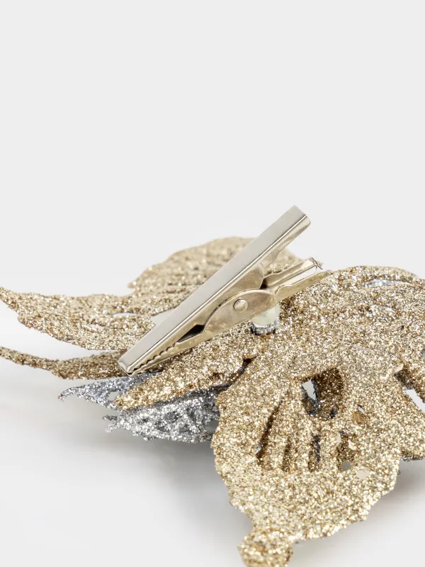 Украшение декоративное, 16 см, на клипсе, пластик, шампань, Бабочка с цветком, Flower decor, image-4