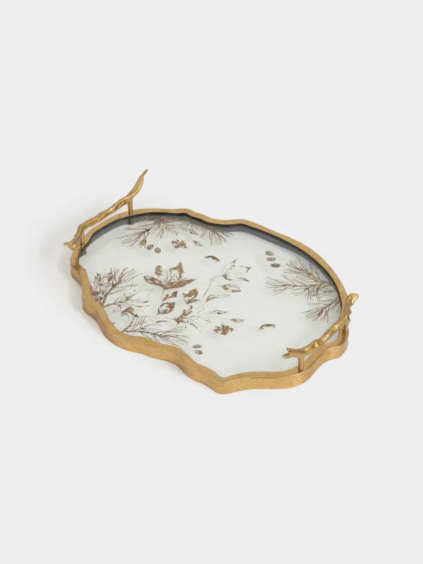 Поднос, 41x30 см, с ручками, пластик/стекло, фигурный, золотистый, Еловые ветки и цветы, Ralend, image-1