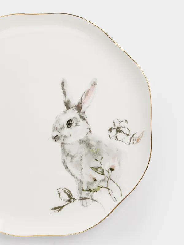 Тарелка обеденная, 28 см, фарфор F, белая, с золотистым кантом, Кролик в цветах, Easter, image-1