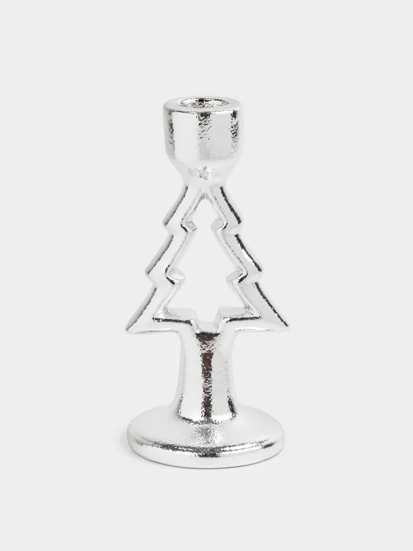 Подсвечник, 15 см, для тонкой свечи, на ножке, керамика, серебристый, Елка, Silver style, image-0