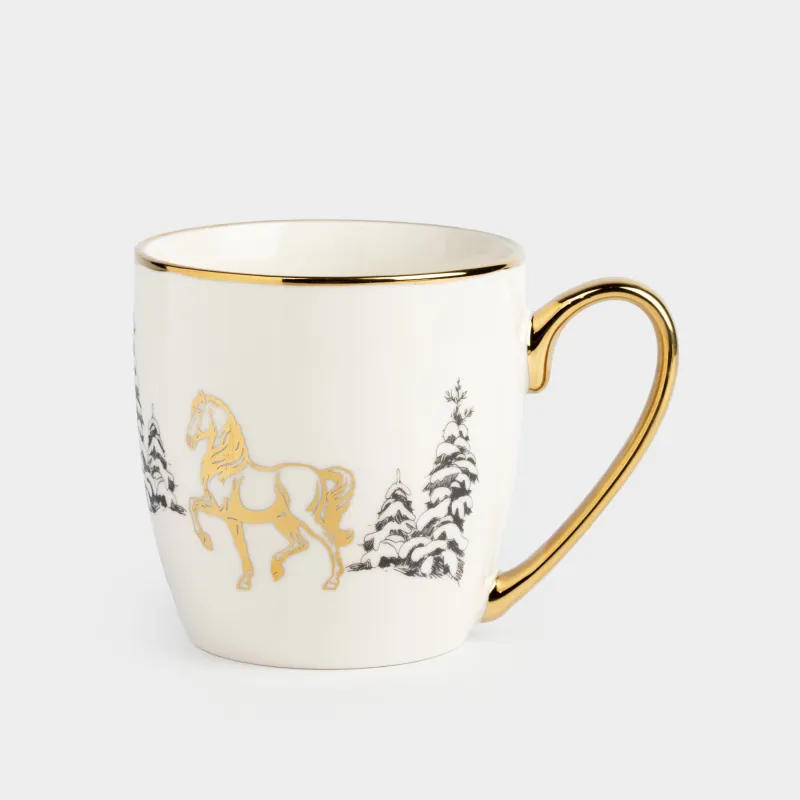 Кружка, 500 мл, фарфор N, бело-золотистая, Лошадь в снежном лесу, Horse gold