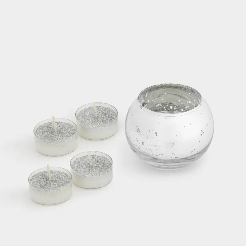 Свеча ароматическая, чайная, 4 см, 4 шт, с подсвечником, стекло, серебристая, Patina