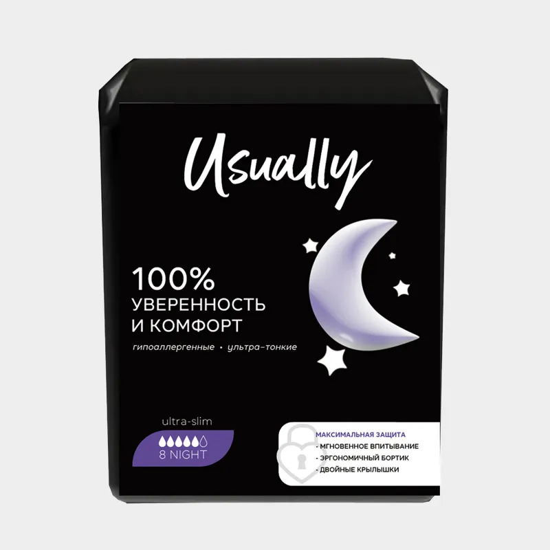 Прокладки гигиенические, 29 см, 8 шт, с двойными крылышками, Night, Usually