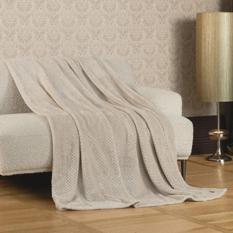 Плед, 140х190 см, фланель, бежевый, Решетка, Flannel