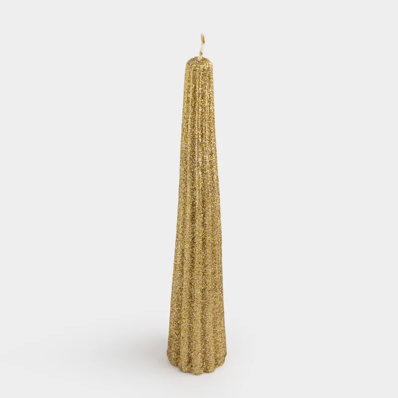 Свеча, 25 см, тонкая, с блестками, золотистая, Ribbed candle