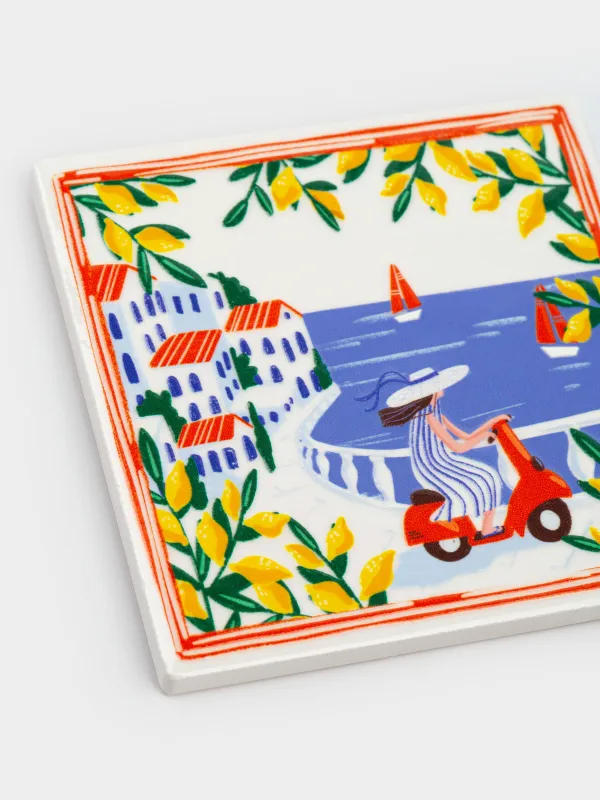 Подставка под кружку, 11х11 см, квадратная, керамика/пробка, белая, Сицилийский пейзаж, Sicily, image-2