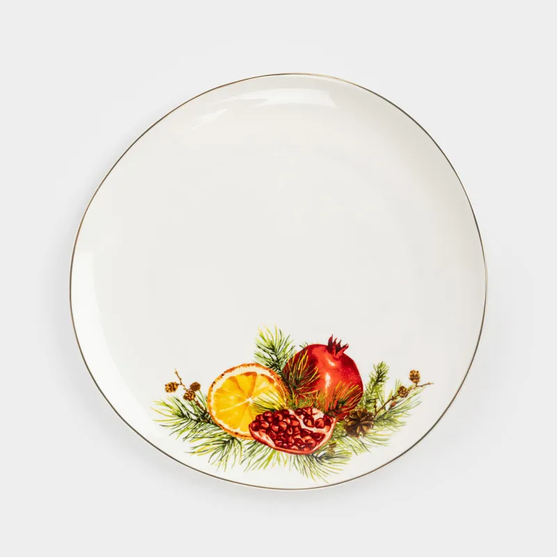 Тарелка обеденная, 28 см, фарфор N, белая, с золотистым кантом, Гранаты и апельсин, Christmas miracle