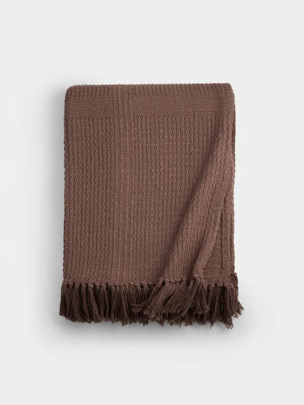 Плед, 130x170 см, с бахромой, хлопок/люрекс, коричневый, Клетка, Strike, image-0