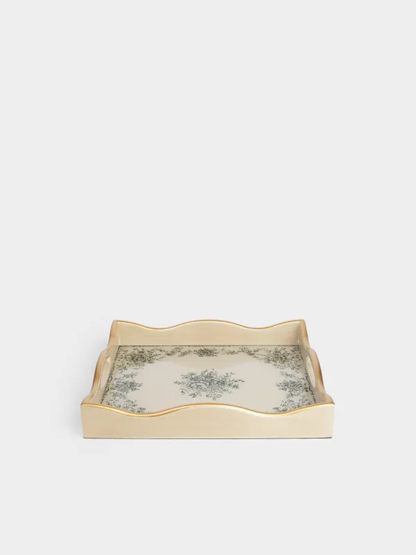 Поднос, 30х30 см, МДФ/стекло, квадратный, молочно-золотистый, Зеленые цветы, Green lace, image-1