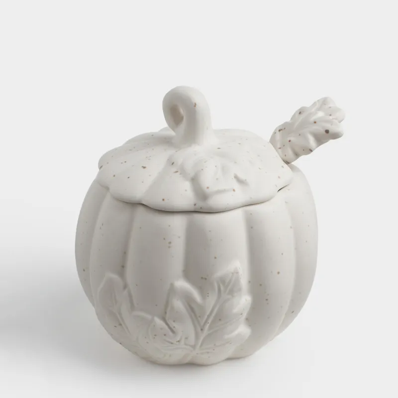 Сахарница, 12 см, 460 мл, с ложкой, керамика, молочная, в крапинку, Тыква, Slight frost