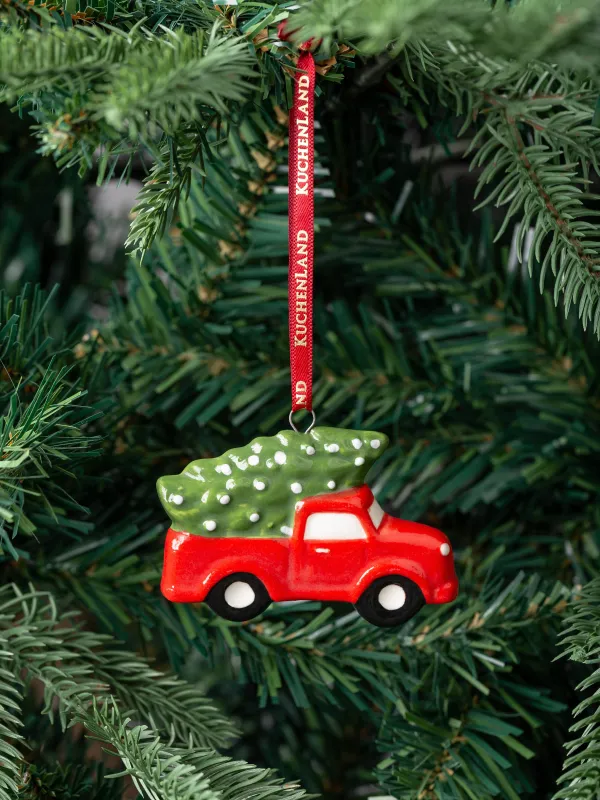 Игрушка елочная, 7 см, фарфор P, красно-зеленая, Машина с елкой, Red car, image-3