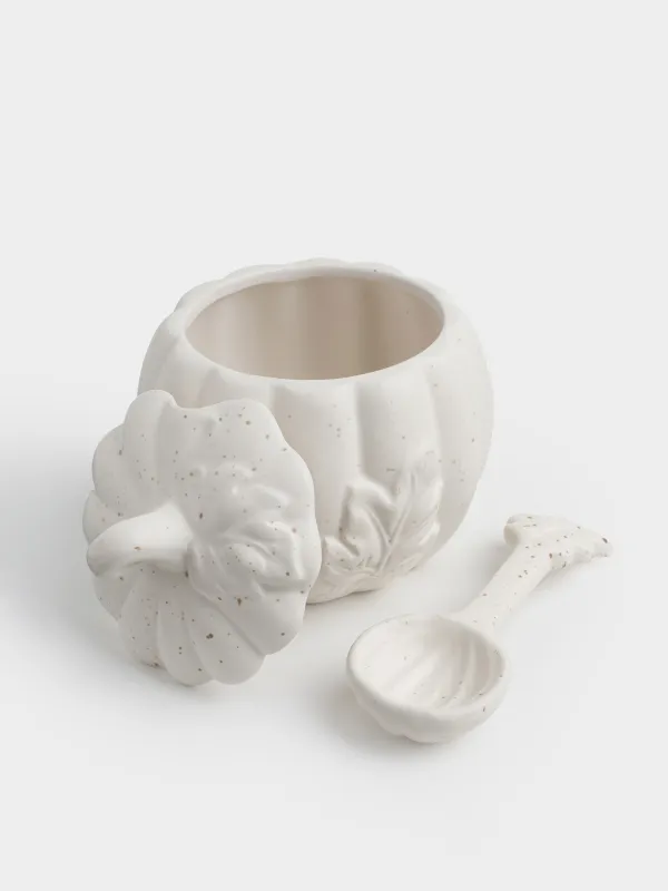 Сахарница, 12 см, 460 мл, с ложкой, керамика, молочная, в крапинку, Тыква, Slight frost, image-2