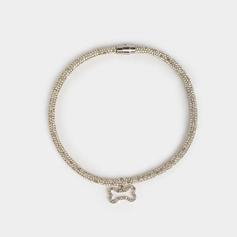 Ошейник для животных, 40 см, декоративный, металл/стразы, серебристый, Кость, Crystal pet