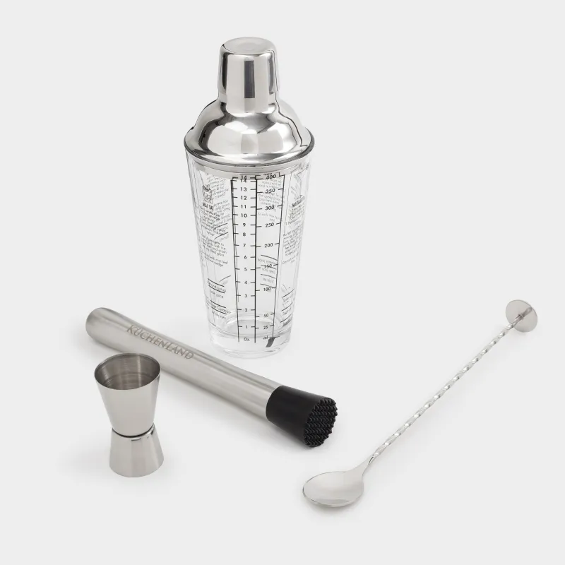 Набор для приготовления коктейлей, 4 пр, шейкер/джиггер/барная ложка/мадлер, стекло/сталь, Bar