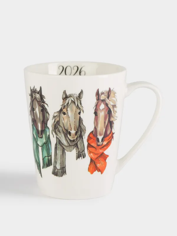 Кружка, 420 мл, фарфор N, белая, Лошади в шарфах, Horse trio, image-0