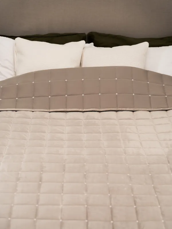 Покрывало, 220х240 см, стеганое, вельвет/микрофибра, серо-коричневое, Квадраты, Stitch velvet, image-1