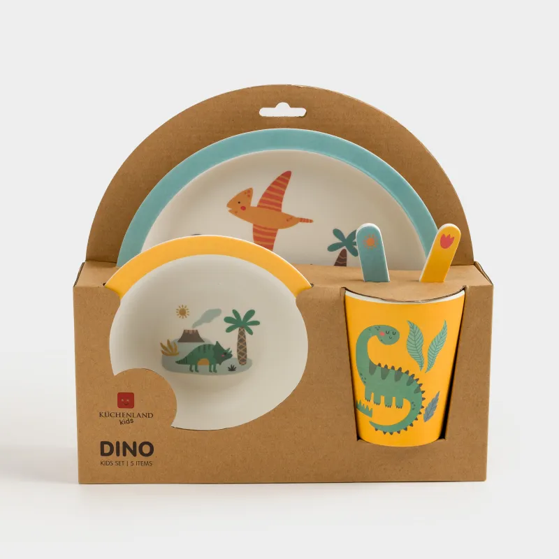 Набор посуды, детский, 1 перс, 5 пр, бамбук, желто-голубой, Динозавры, Dino, image-3