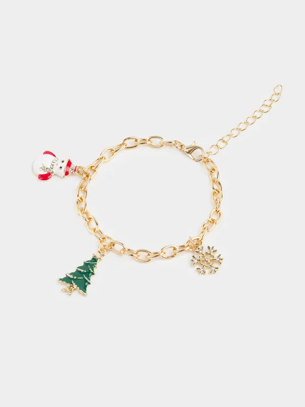Браслет, 23 см, с подвесками, металл, золотистый, Елка и снеговик, Jewelry christmas, image-1