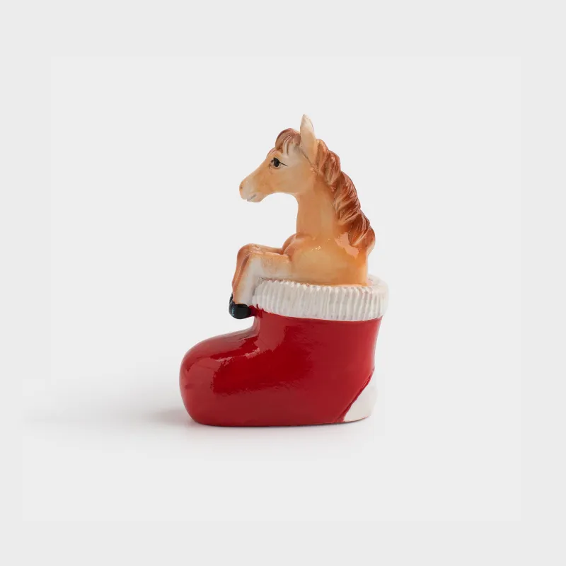 Статуэтка, 8 см, полирезин, красно-коричневая, Лошадь и сапог, Horse christmas
