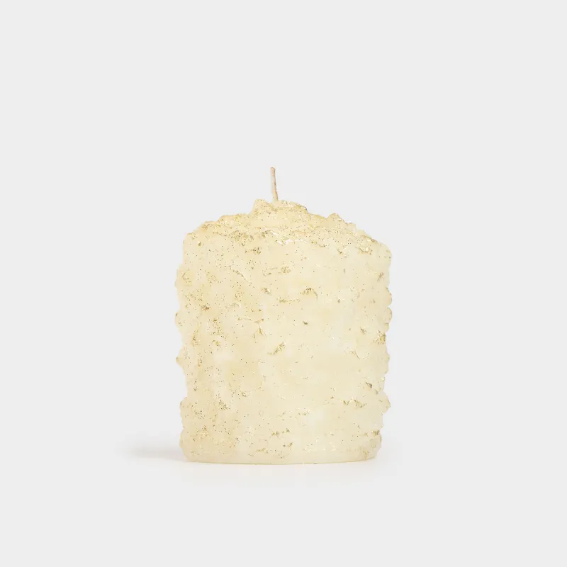 Свеча, 7х9 см, цилиндрическая, с блестками, шампань, Застывший снег, Snowy candle