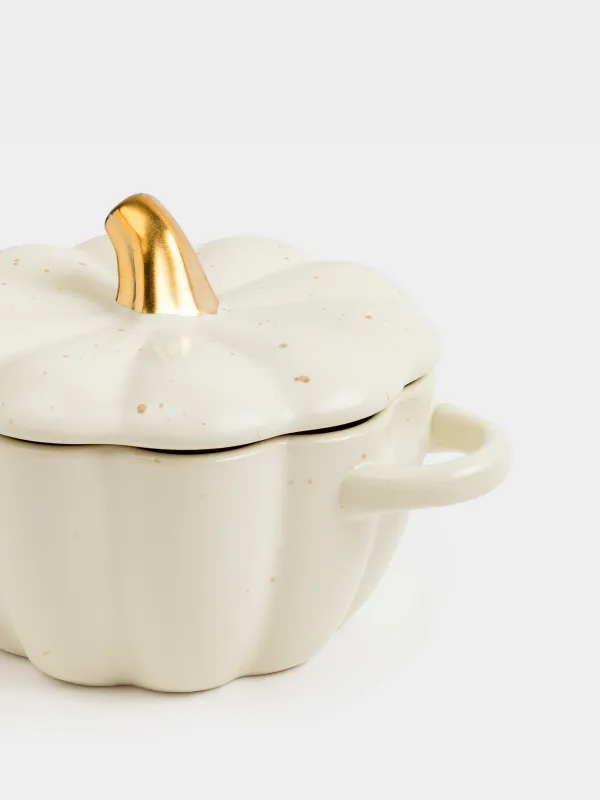 Кокотница, 11 см, 340 мл, с крышкой, керамика, молочно-золотистая, в крапинку, Тыква, Gourd, image-5