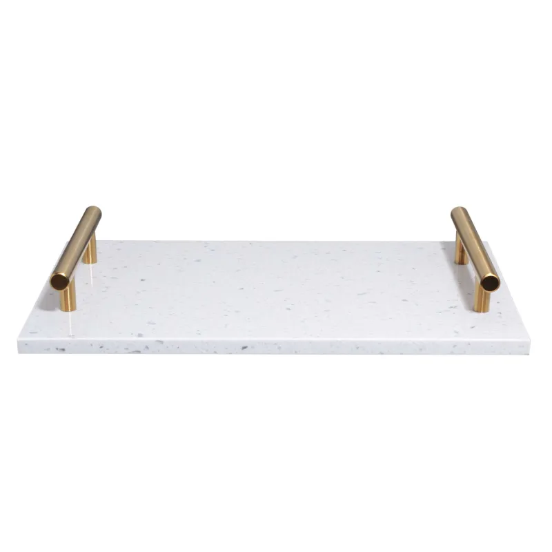 Поднос, 30x20 см, с ручками, цемент/сталь, прямоугольный, бело-золотистый, в крапинку, Terrazzo, image-0