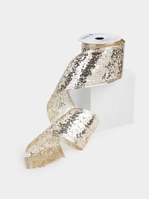 Лента декоративная, 5 м, гибкая, полиэстер, шампань, Блестки, Ribbon christmas, image-1