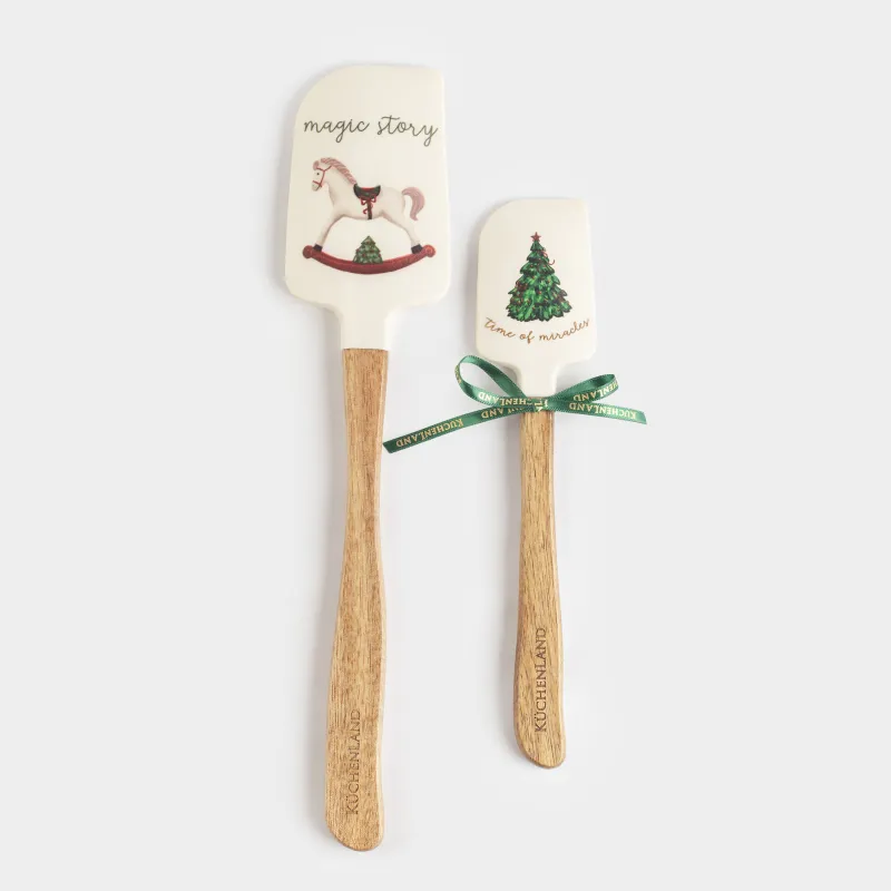 Лопатка-шпатель, 2 шт, силикон/дерево, молочная, Лошадка и елка, Сhristmas green