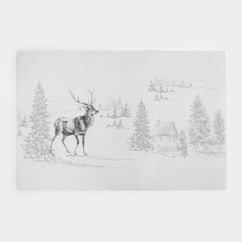 Салфетка под приборы, 30х45 см, ПВХ, прямоугольная, белая, Олень и домик в лесу, Rock print